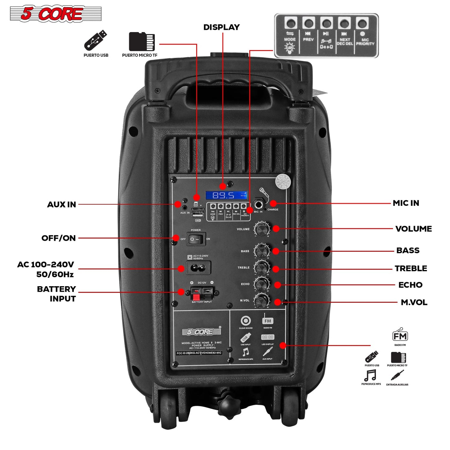 xyz5Core 8 inch PA Portable Bluetooth Party Speaker Karaoke Boombox +